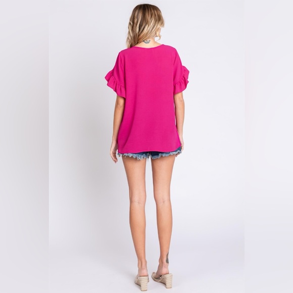 GeeGee V-Neck Ruffle Trim Short Sleeve Blouse - Picture 5 of 5